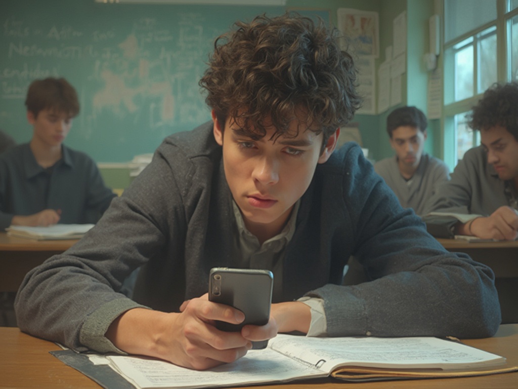 illustration of a student looking at phone during a test