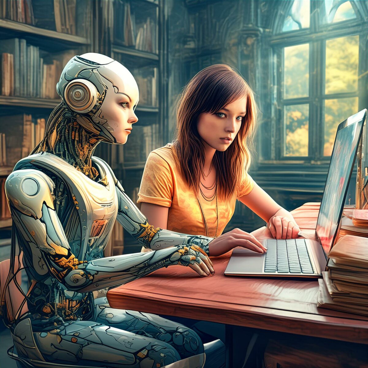 A realistic illustration of a female college-age student sitting at a desk in a library with a smaller, friendly-looking female robot.