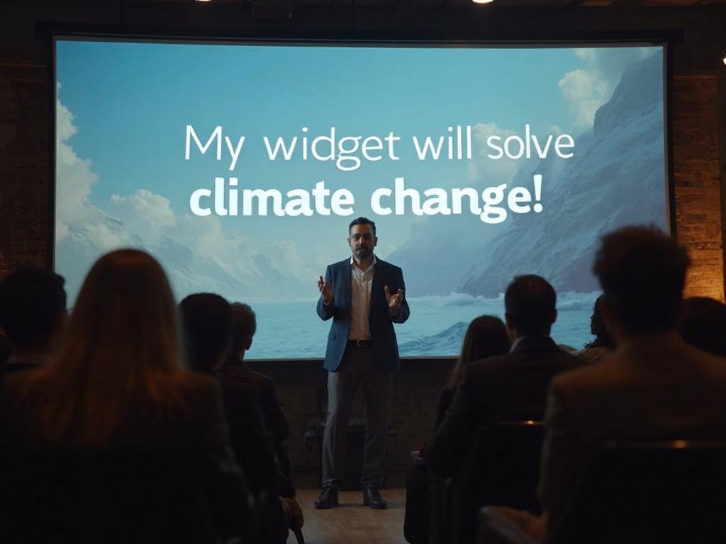 an image of a speaker presenting to an audience. in the background the slide says "My widget will cure climate change"