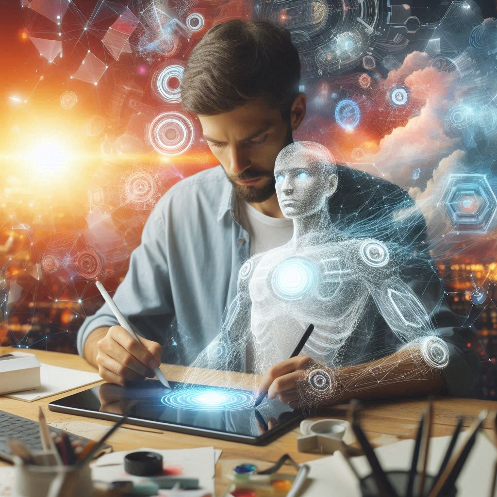 This illustration shows a digital artist at work using a tablet and stylus, with AI-generated imagery in the background.
