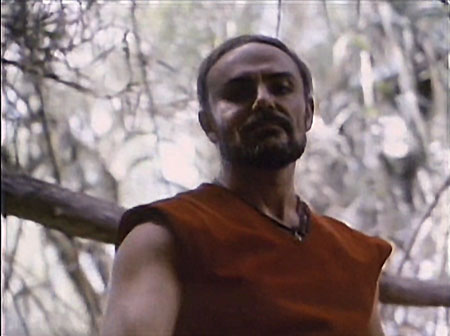 Low angle shot. Bearded muscular man in red sleeveless shirt, viewed from below.