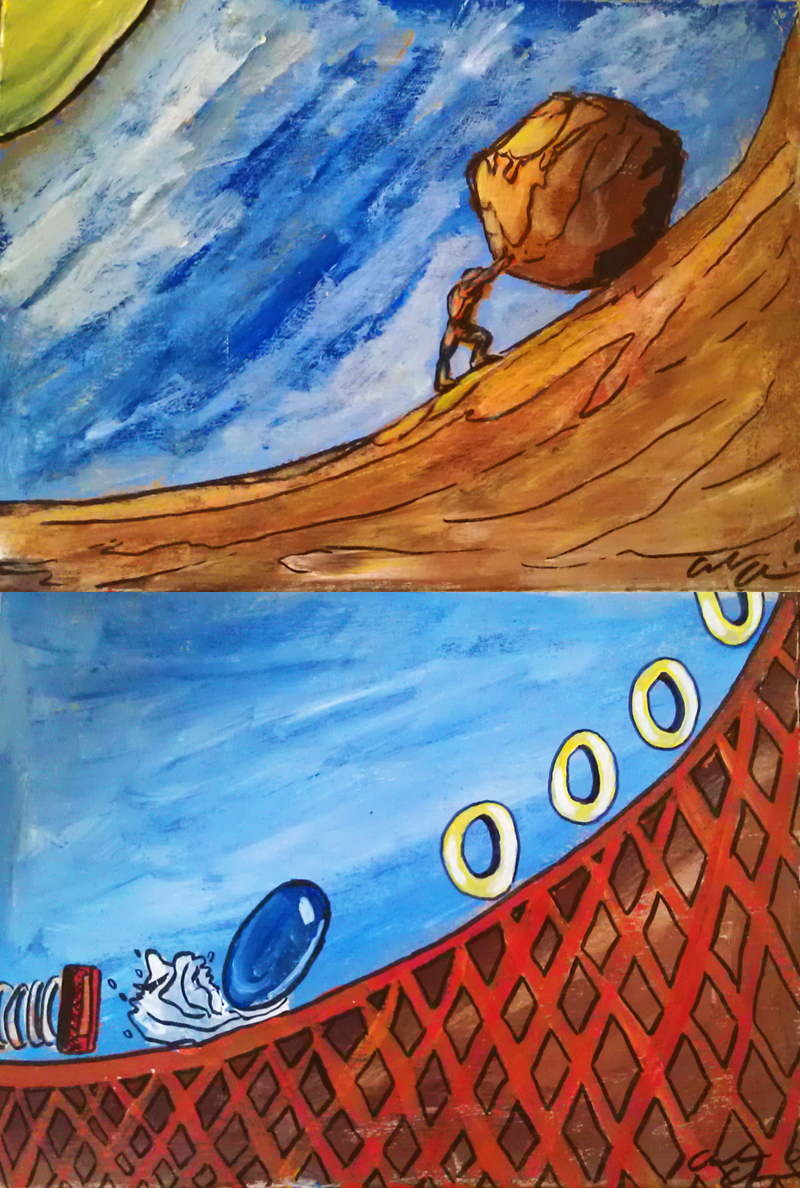This painting shows Sisyphus rolling a massive boulder up a hill