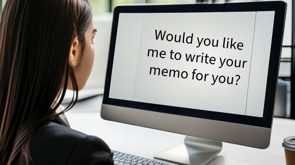 This illustration shows a student looking at a computer screen that says, "Would you like for me to write your memo for you?