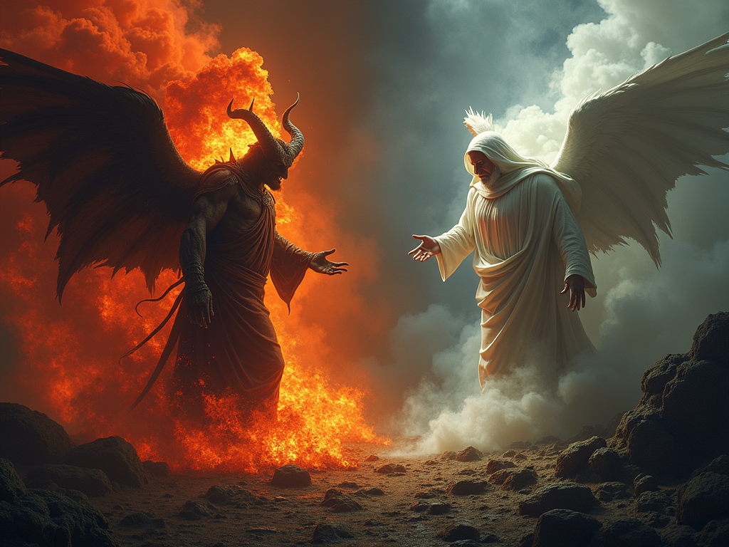 A dichotomy/contrast image. The left panel shows the devil and the right panel shows an angel