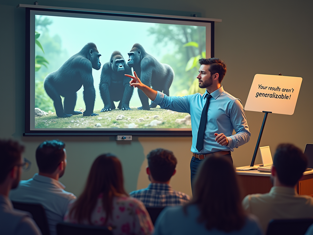 While a presenter points to his presentation on a screen, a member of the audience raises a sign that says "Your results aren't generalizable!"
