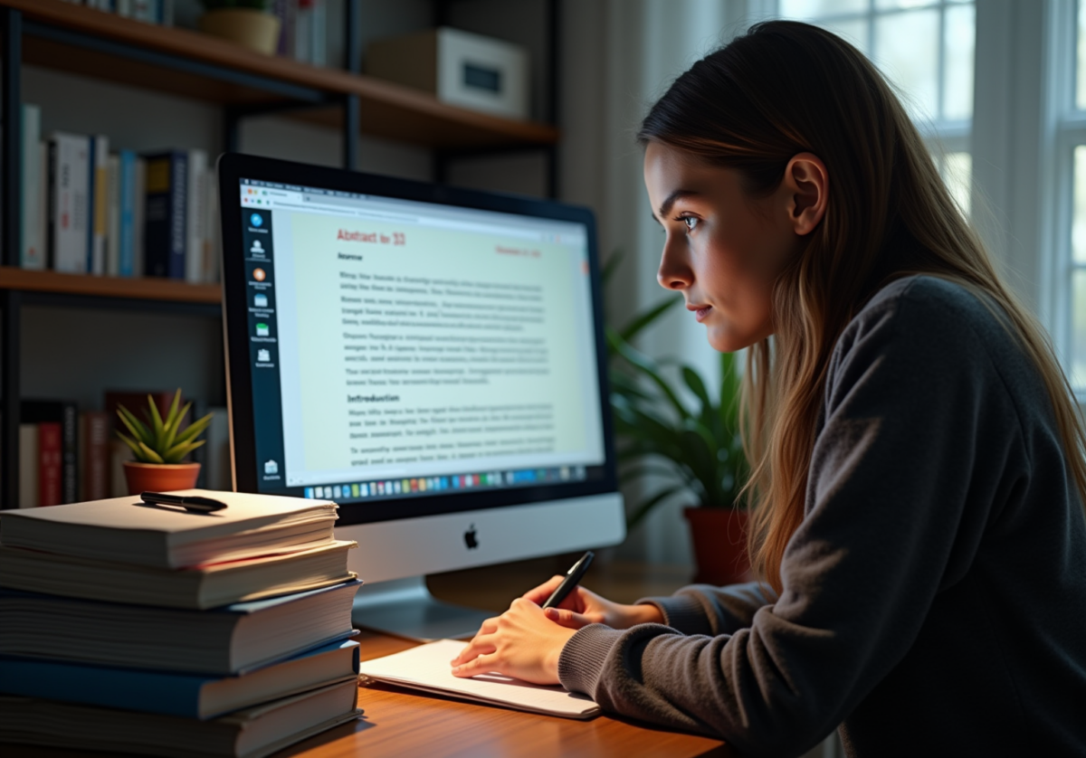 a young college student works intently on a research proposal. She stares intently at a draft of a paper on a computer.
