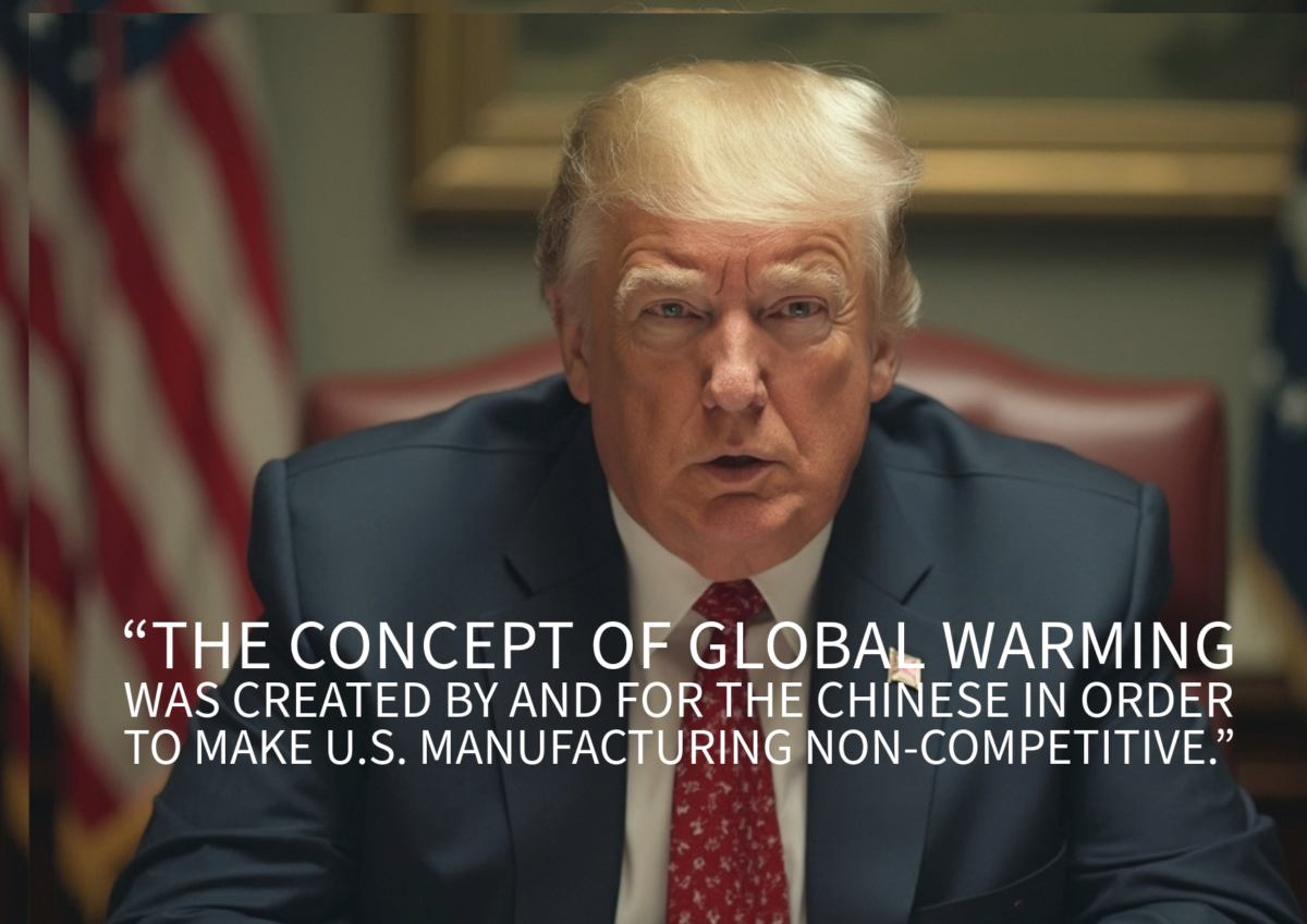 Image of Trump and beneath it one of Trump's tweets claiming climate change is a hoax.