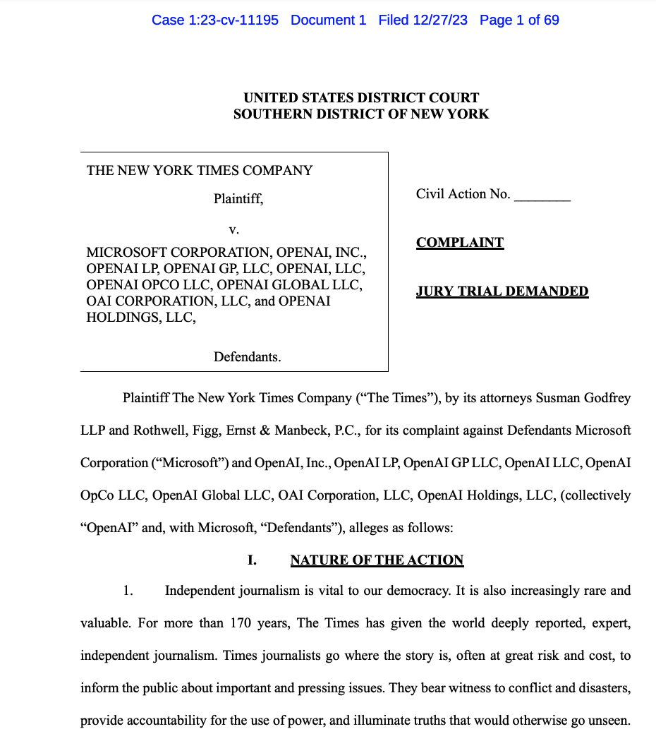 Screenshot of NYT times brief against Open AI, MSFT, etc.