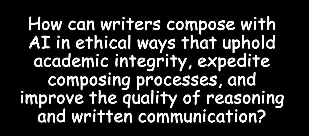 A slide that says, "How can writers compose with AI in ethical ways that uphold academic integrity, expedite composing processes, and improve the quality of reasoning and written communication?"