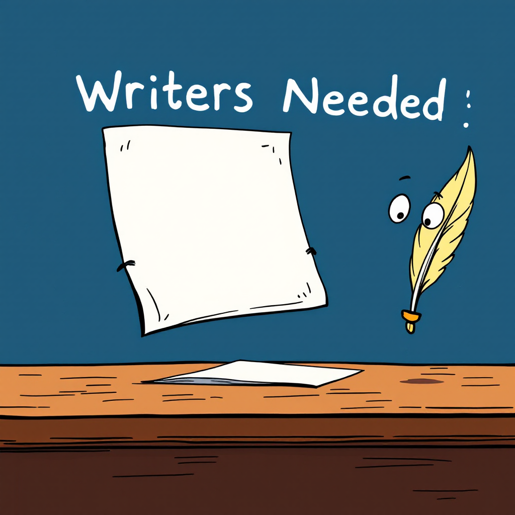 An Image of a blank page and a quill pen. The penn has eyes on it and caption is "Writers Needed.
