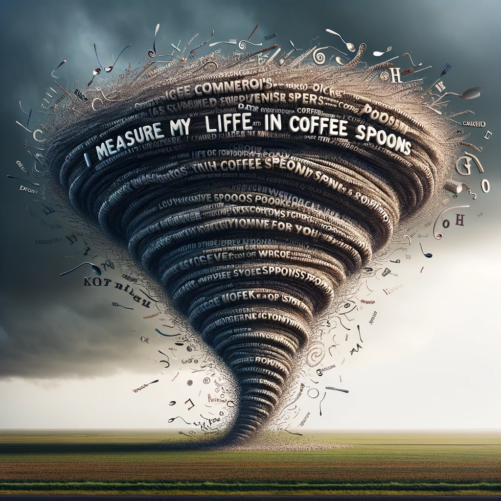 Corpus linguistics fuels AI innovation: Teams of computational linguists, including those at OpenAI, delve into the vast expanse of the internet, amassing an extensive corpus to predict textual patterns. Yet, when classic lines, like T.S. Eliot's 'I measure my life in coffee spoons' from 'The Love Song of J. Alfred Prufrock,' are absorbed without proper acknowledgment, pressing ethical questions emerge. This illustration captures that very sentiment, as Eliot's iconic line spirals into the corpus vortex.
