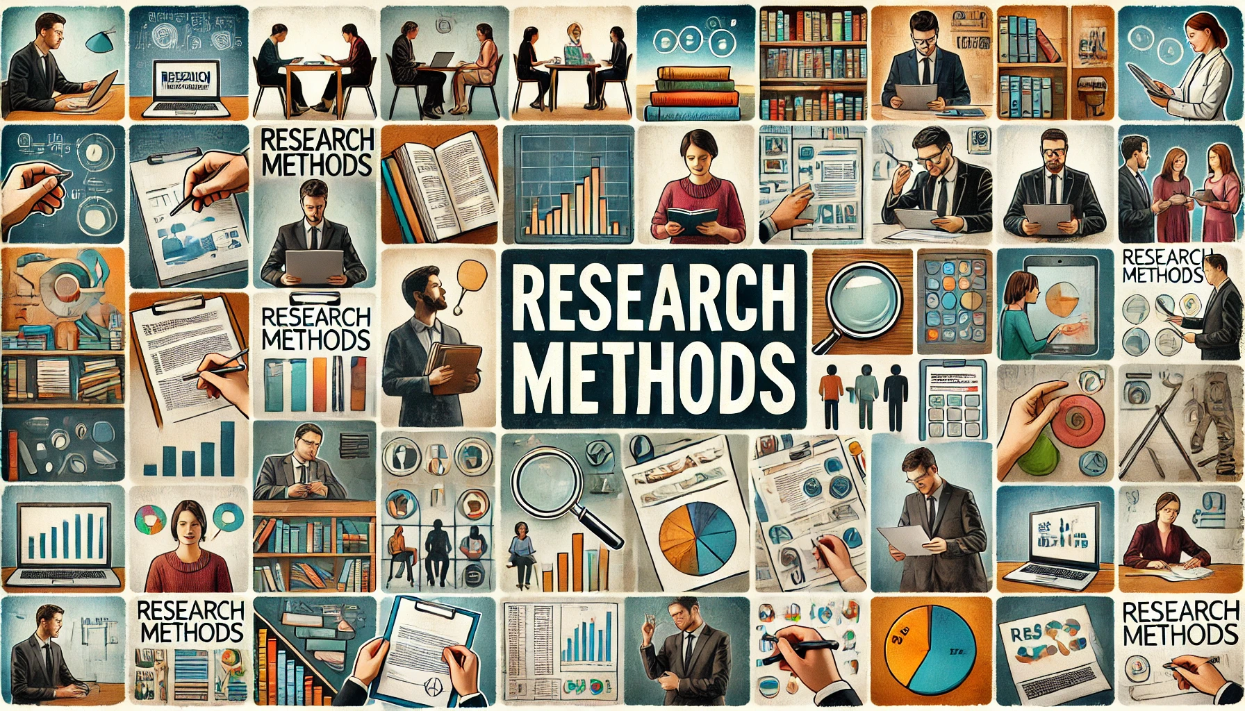 A collage featuring images of research tools such as laptops, books, survey forms, interview recordings, and statistical software. The collage includes both men and women engaged in various research activities, with elements like charts, graphs, and data analysis tools. The text 'Research Methods' is prominently displayed in the center.