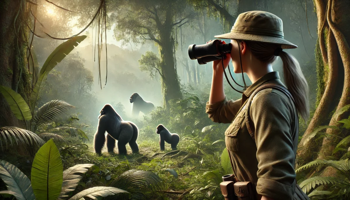 A woman in jungle gear looking through binoculars at gorillas far in the distance in a dense jungle or forest setting. The woman appears focused on her observation, with the gorillas visible in the background engaging in their natural behavior. The scene emphasizes the realistic and qualitative research environment in the wild.