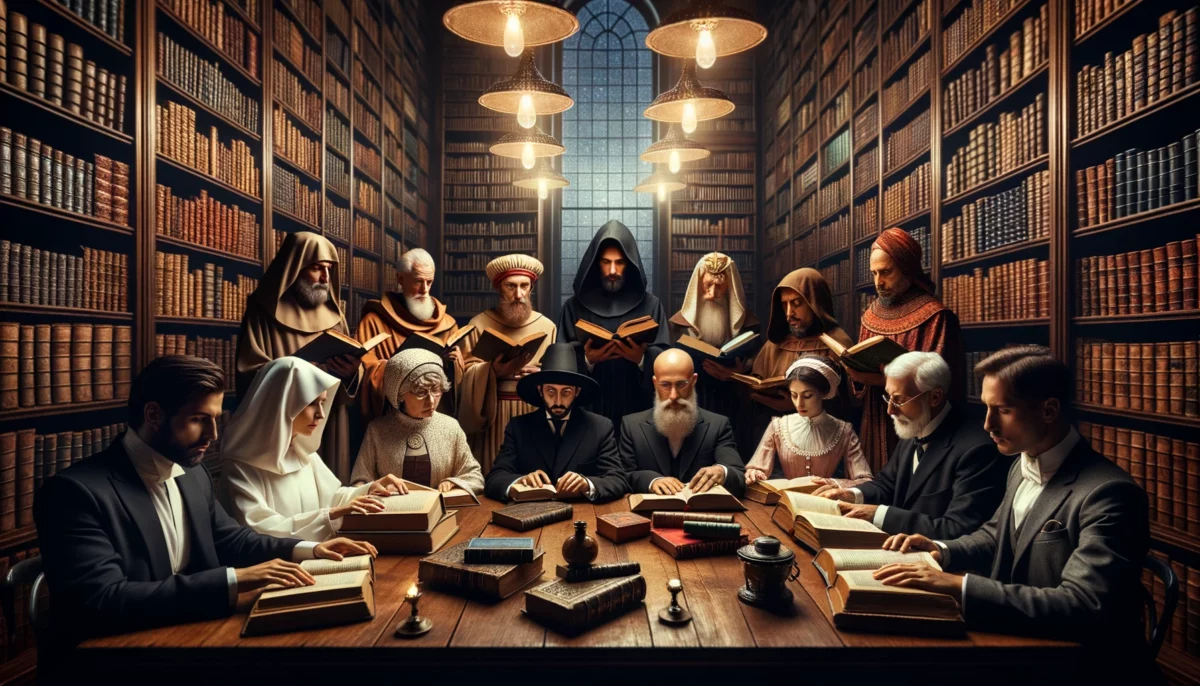 Photo of a diverse group of scholars from different epochs, including an ancient Egyptian scribe, a medieval monk, a Renaissance scholar, a Victorian scientist, and a modern researcher, all engrossed in reading books. They are seated at a long wooden table illuminated by elegant lamps, with towering bookshelves filled with ancient tomes in the background.